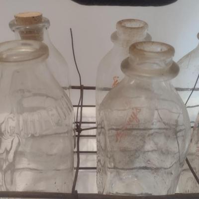 Set of Six Vintage Glass Dairy Milk Bottles and Wire Carry Caddy Includes Burke Farmers Dairy Morganton, NC and Harvey's Dairy...