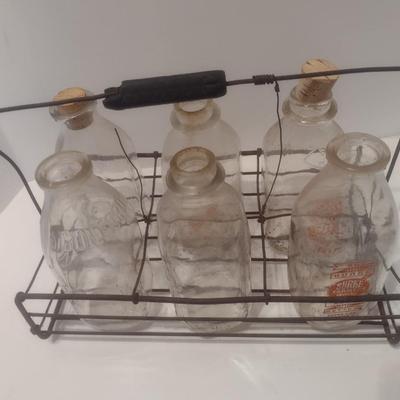 Set of Six Vintage Glass Dairy Milk Bottles and Wire Carry Caddy Includes Burke Farmers Dairy Morganton, NC and Harvey's Dairy...