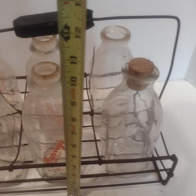 Set of Six Vintage Glass Dairy Milk Bottles and Wire Carry Caddy Includes Burke Farmers Dairy Morganton, NC and Harvey's Dairy...