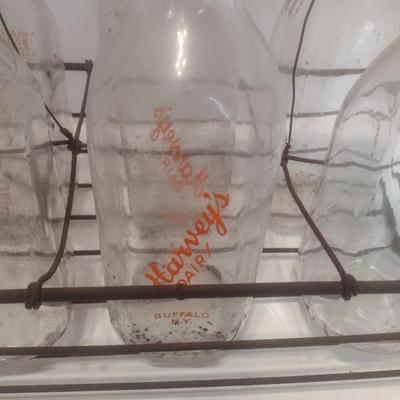 Set of Six Vintage Glass Dairy Milk Bottles and Wire Carry Caddy Includes Burke Farmers Dairy Morganton, NC and Harvey's Dairy...