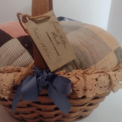 Antique Hand Sewn and Cut Quilt Top Splint Wood Sewing Basket