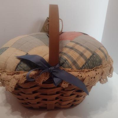 Antique Hand Sewn and Cut Quilt Top Splint Wood Sewing Basket