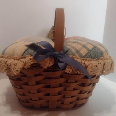 Antique Hand Sewn and Cut Quilt Top Splint Wood Sewing Basket