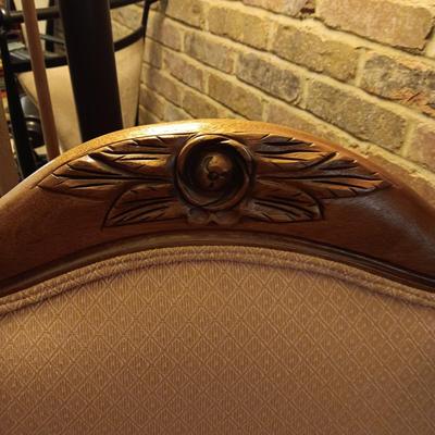 ANTIQUE DUSTY ROSE GOOSENECK ARMS AND CARVED BACK ROCKER WITH OTTOMAN
