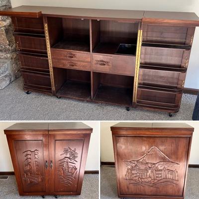 Asian Double Sided Rolling Dry Bar With Carved Design (LR-RG)