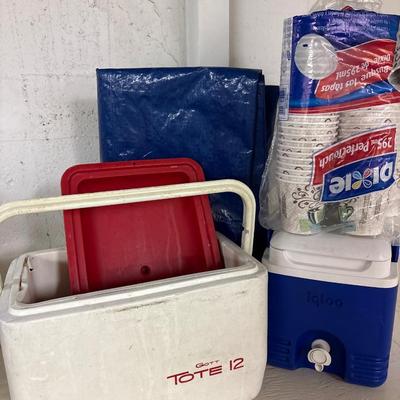 Two coolers, tarp and disposable glasses