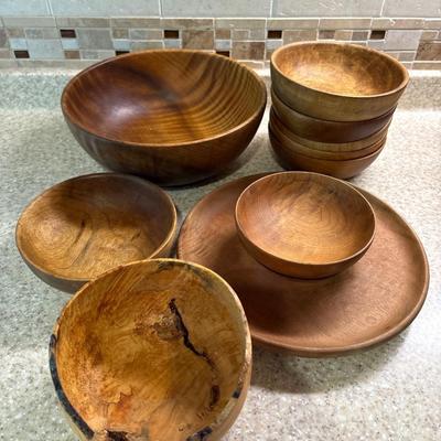 Wood bowl by Kurt Anderson plus salad bowl and serving set