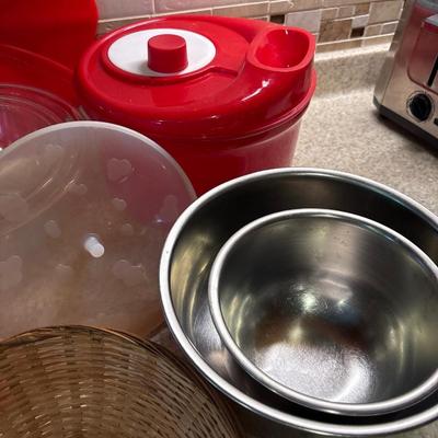 Glass and metal mixing bowls, salad spinner, and more