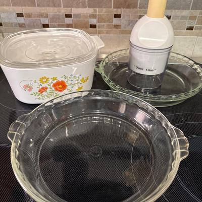Casserole, glass pie plates & chopper
