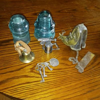 INSULATORS, TORCH PENCIL SHARPENER, WINDCHIME, BELL AND KEYS