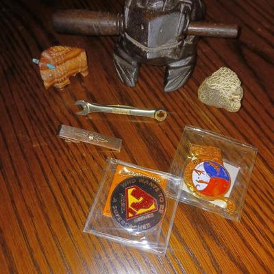 WOODEN TALKING FROG, TIE CLIPS, BUFFALO FETISH AND MORE