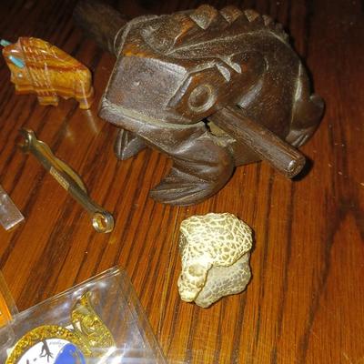 WOODEN TALKING FROG, TIE CLIPS, BUFFALO FETISH AND MORE