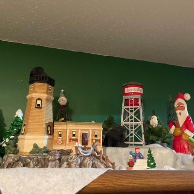 Fireworks stand, town hall & lighthouse snow village