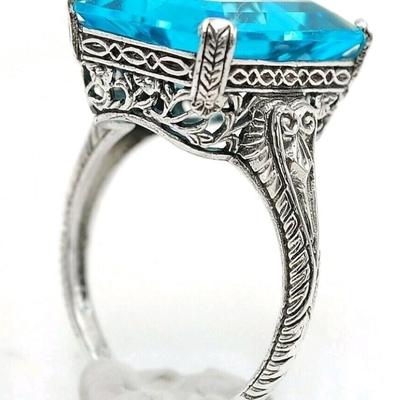 10CT Natural Blue Topaz 925 Sterling Silver Victorian Style Ring Sz 8