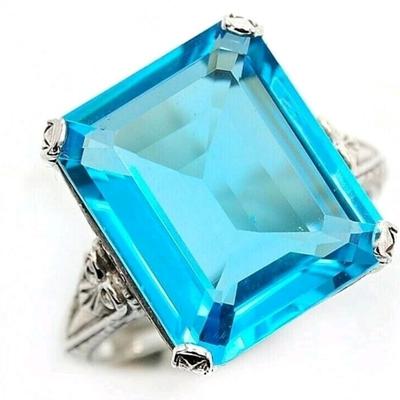 10CT Natural Blue Topaz 925 Sterling Silver Victorian Style Ring Sz 8