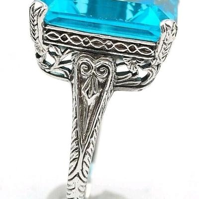 10CT Natural Blue Topaz 925 Sterling Silver Victorian Style Ring Sz 8