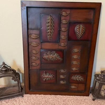 Metal candle holders and leaf decor