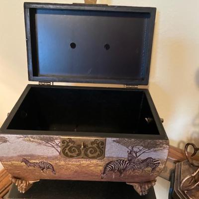 Zebra safari box with candles and glass frogs