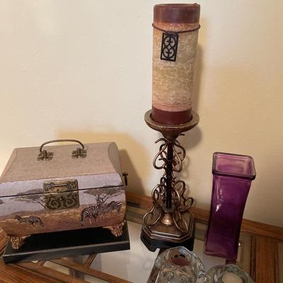 Zebra safari box with candles and glass frogs