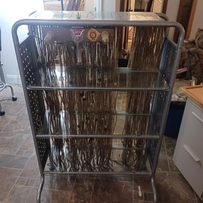 METAL FRAMED WITH GLASS SHELVES DISPLAY CASE PLUS MACRAME BACKGROUND