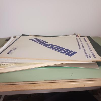 DRAFTING TABLE W/ CHAIR, TOOLS AND LARGE SHEETS OF PAPER