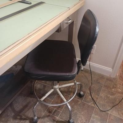 DRAFTING TABLE W/ CHAIR, TOOLS AND LARGE SHEETS OF PAPER