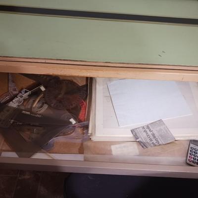 DRAFTING TABLE W/ CHAIR, TOOLS AND LARGE SHEETS OF PAPER