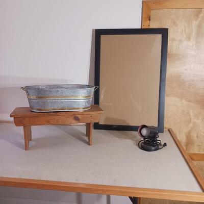 METAL CONTAINER, SMALLER WOODEN BENCH, PICTURE FRAME AND LIGHT