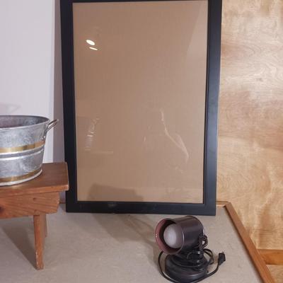 METAL CONTAINER, SMALLER WOODEN BENCH, PICTURE FRAME AND LIGHT