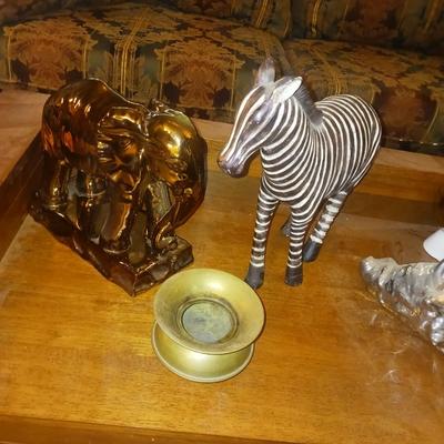 ELEPHANT AND ZEBRA FIGURES PLUS A SMALL BRASS SPITTOON