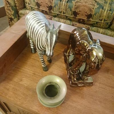ELEPHANT AND ZEBRA FIGURES PLUS A SMALL BRASS SPITTOON