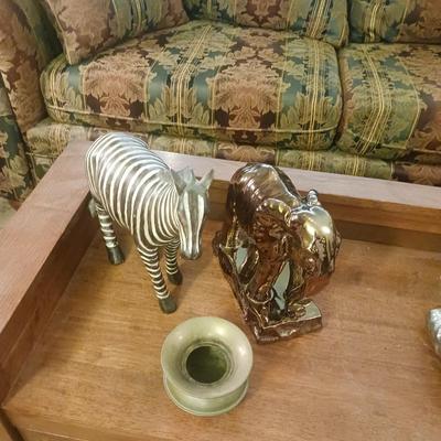 ELEPHANT AND ZEBRA FIGURES PLUS A SMALL BRASS SPITTOON