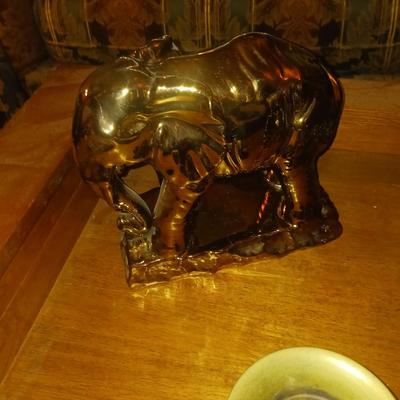 ELEPHANT AND ZEBRA FIGURES PLUS A SMALL BRASS SPITTOON