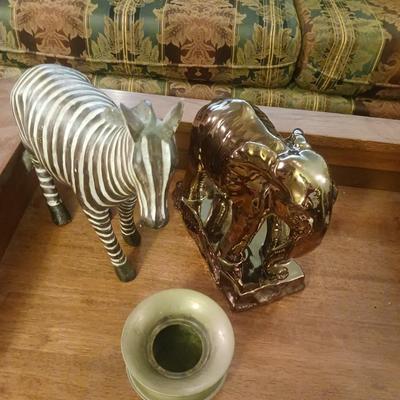 ELEPHANT AND ZEBRA FIGURES PLUS A SMALL BRASS SPITTOON