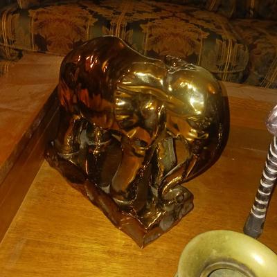 ELEPHANT AND ZEBRA FIGURES PLUS A SMALL BRASS SPITTOON