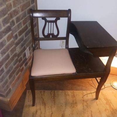 HARP BACK TELEPHONE CHAIR WITH REPROD ANTIQUE PHONE AND RETRO LAMP
