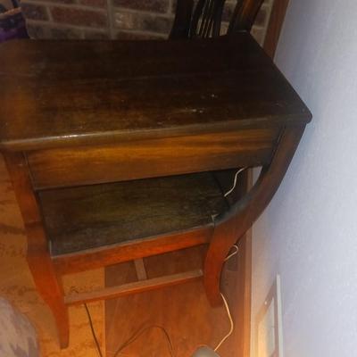 HARP BACK TELEPHONE CHAIR WITH REPROD ANTIQUE PHONE AND RETRO LAMP