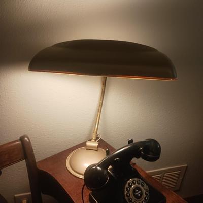 HARP BACK TELEPHONE CHAIR WITH REPROD ANTIQUE PHONE AND RETRO LAMP