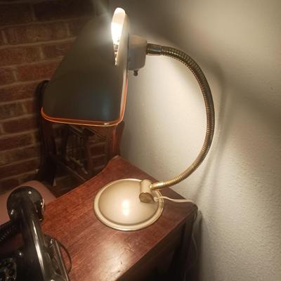 HARP BACK TELEPHONE CHAIR WITH REPROD ANTIQUE PHONE AND RETRO LAMP
