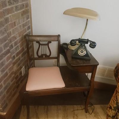 HARP BACK TELEPHONE CHAIR WITH REPROD ANTIQUE PHONE AND RETRO LAMP