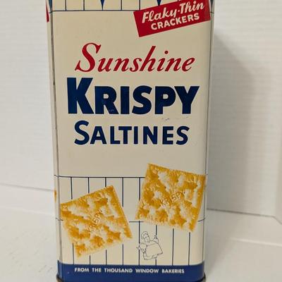 Vintage Sunshine Krispy Saltines Tin Flaky Thin Crackers Advertising Kitchen Canister