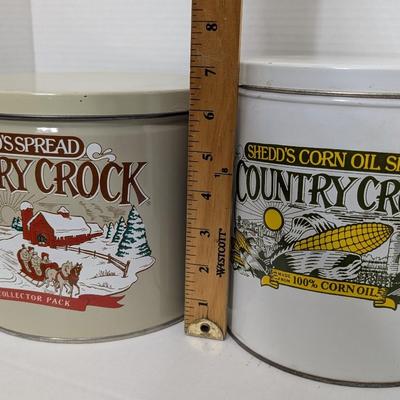 Set of 2 Vintage Shedd’s Spread Country Crock Tins Corn Oil & Winter Scene Collector Pack