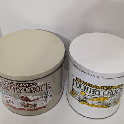 Set of 2 Vintage Shedd’s Spread Country Crock Tins Corn Oil & Winter Scene Collector Pack