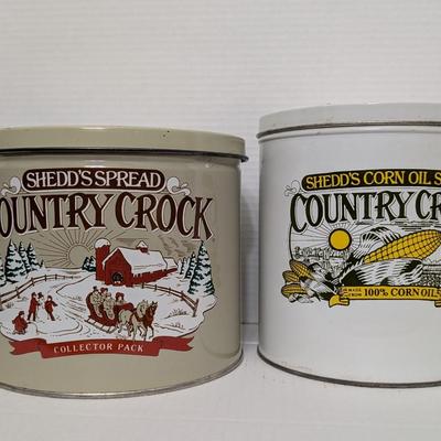 Set of 2 Vintage Shedd’s Spread Country Crock Tins Corn Oil & Winter Scene Collector Pack