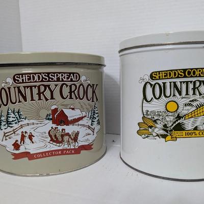 Set of 2 Vintage Shedd’s Spread Country Crock Tins Corn Oil & Winter Scene Collector Pack