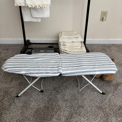 LOT 106: Siltec Scale, Vintage Linens, Shoe Stretchers, Compact Ironing Board, Laundry Organizing Rack