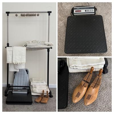 LOT 106: Siltec Scale, Vintage Linens, Shoe Stretchers, Compact Ironing Board, Laundry Organizing Rack