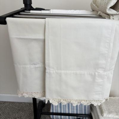 LOT 106: Siltec Scale, Vintage Linens, Shoe Stretchers, Compact Ironing Board, Laundry Organizing Rack