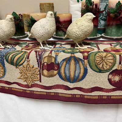 Christmas Runner, Candles w/glass holder, 8 red cloth napkins, metal birds