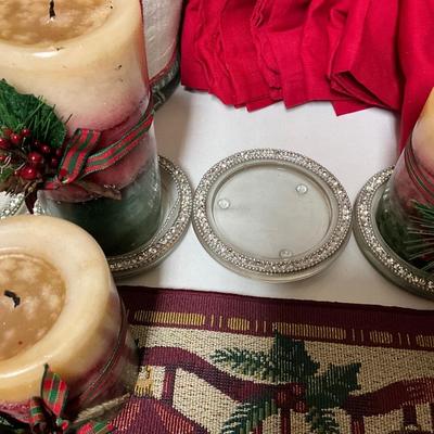 Christmas Runner, Candles w/glass holder, 8 red cloth napkins, metal birds